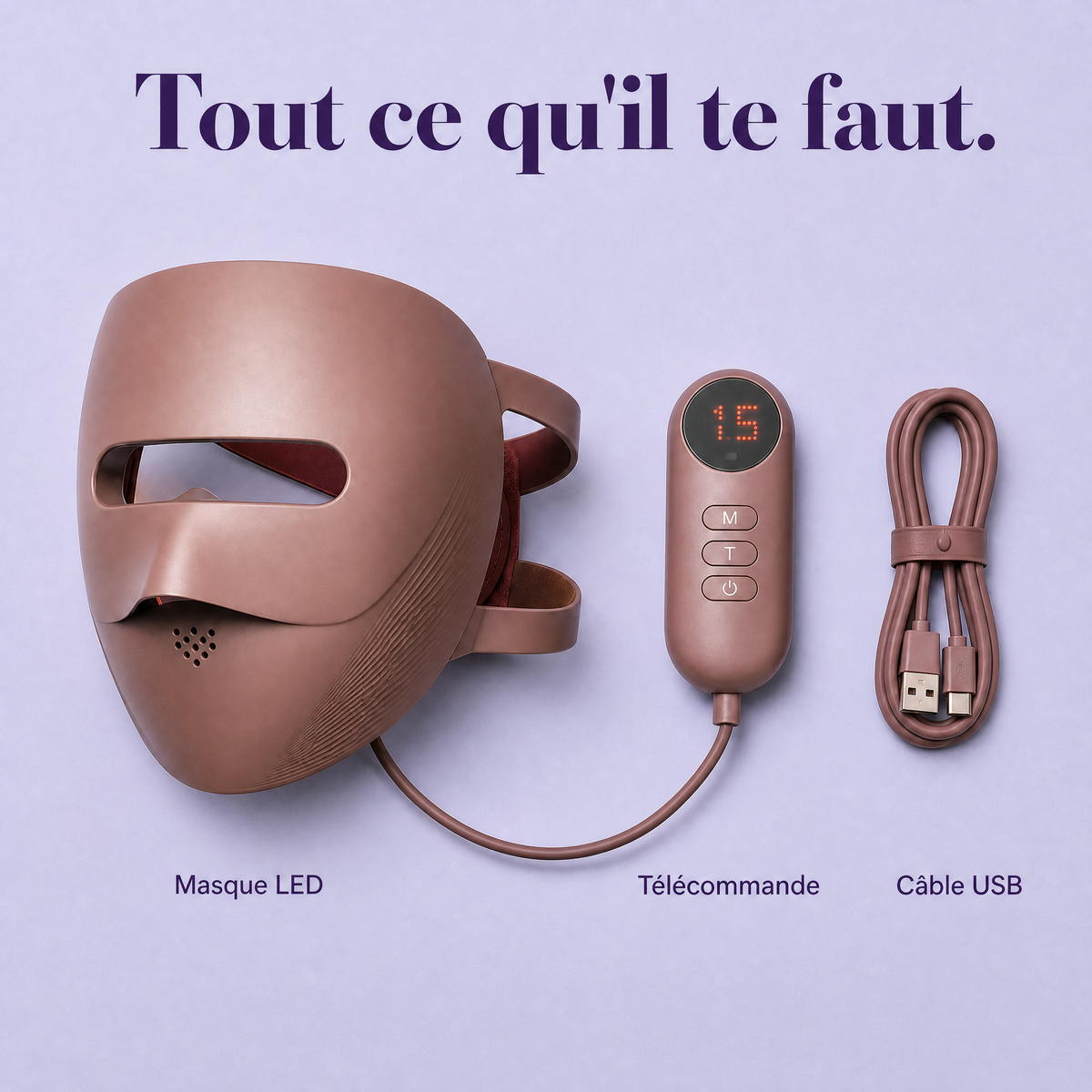 Contenu de la boîte : masque LED, télécommande, câble USB
